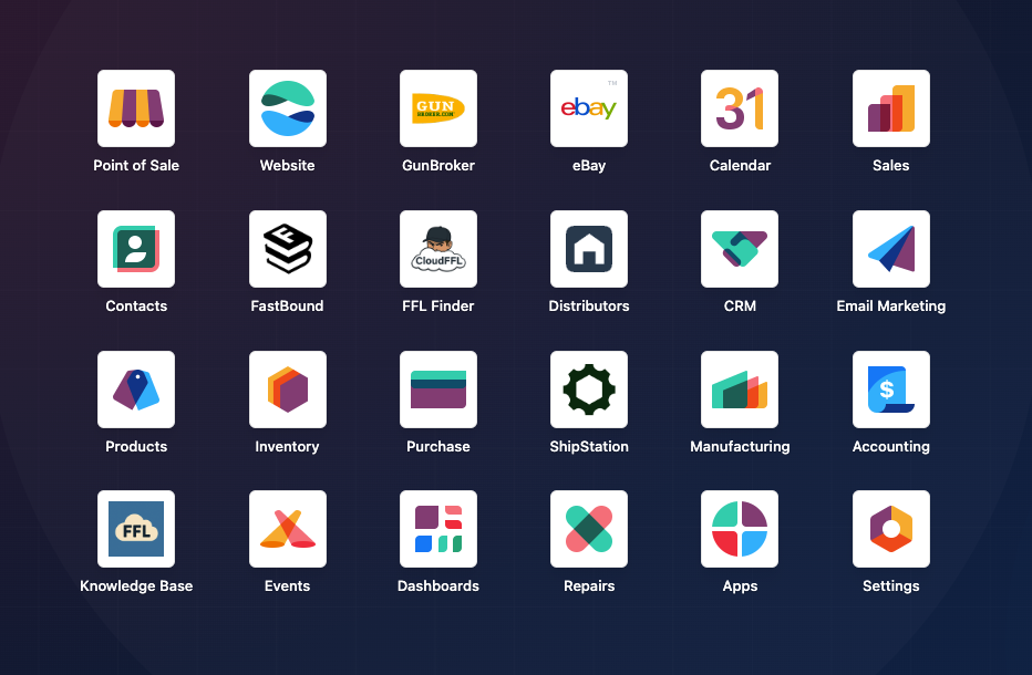 CloudFFL OS dashboard showing Point of Sale, Inventory, FastBound, GunBroker, eBay, ShipStation, and other built-in modules